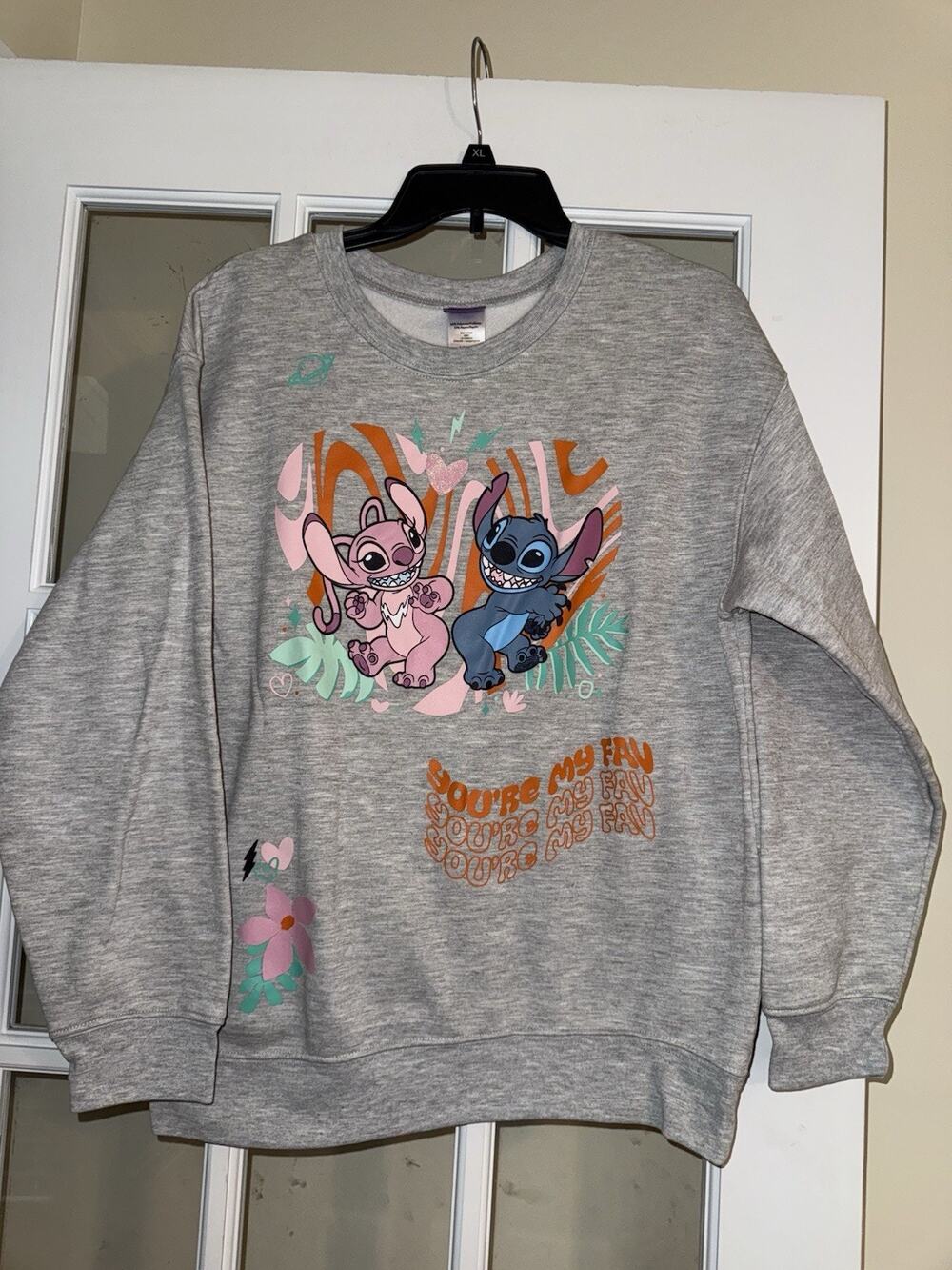 Disney Lilo & Stitch Angel Graphic Sweater Gray Juniors size Large Long Sleeve